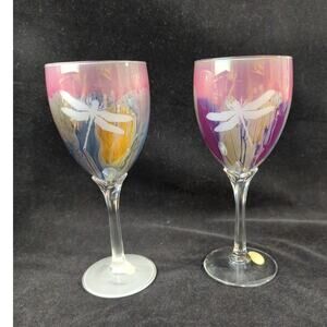 Pair of Rueven Art Glass Water Goblets Wine Glasses Dragonfly Pink Purple Blue